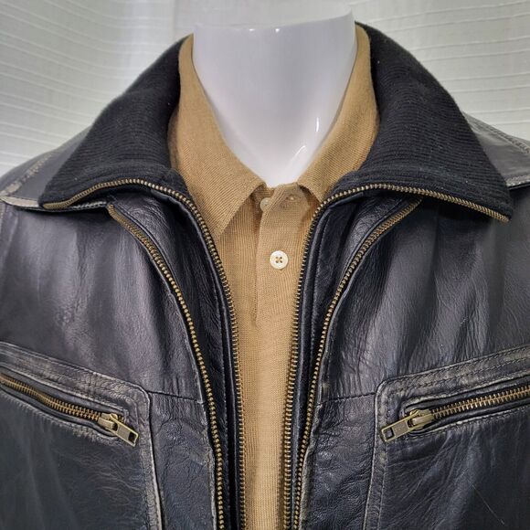 TRANSMISSION Distressed Leather Jacket Collared Removable Lining Black Men's L - Picture 2 of 16